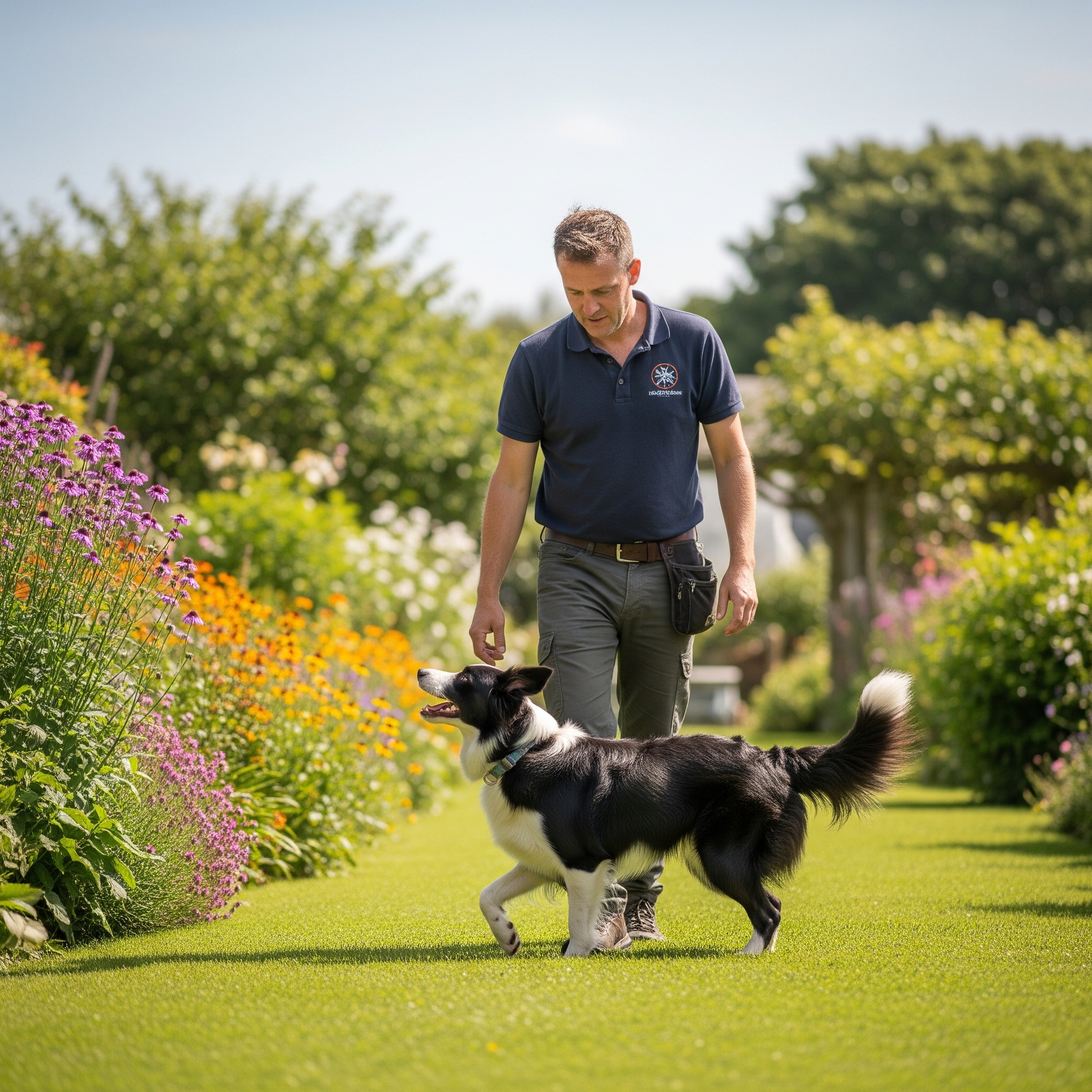 A dog trainer working one on one with a dog and its owner.