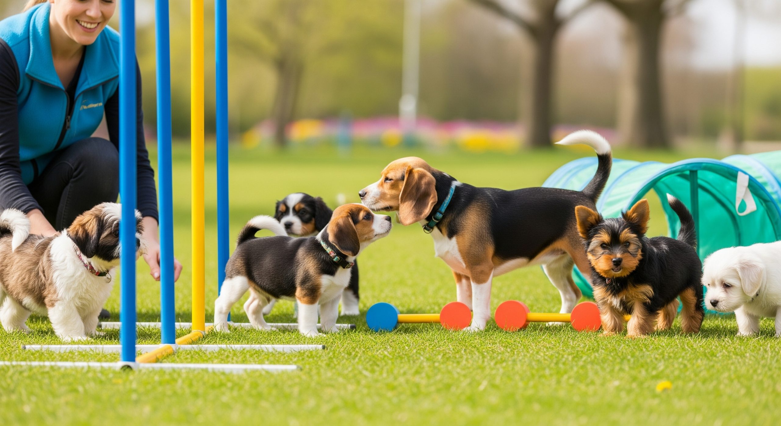A group of happy puppies playing at a puppy training class in Cornwall.