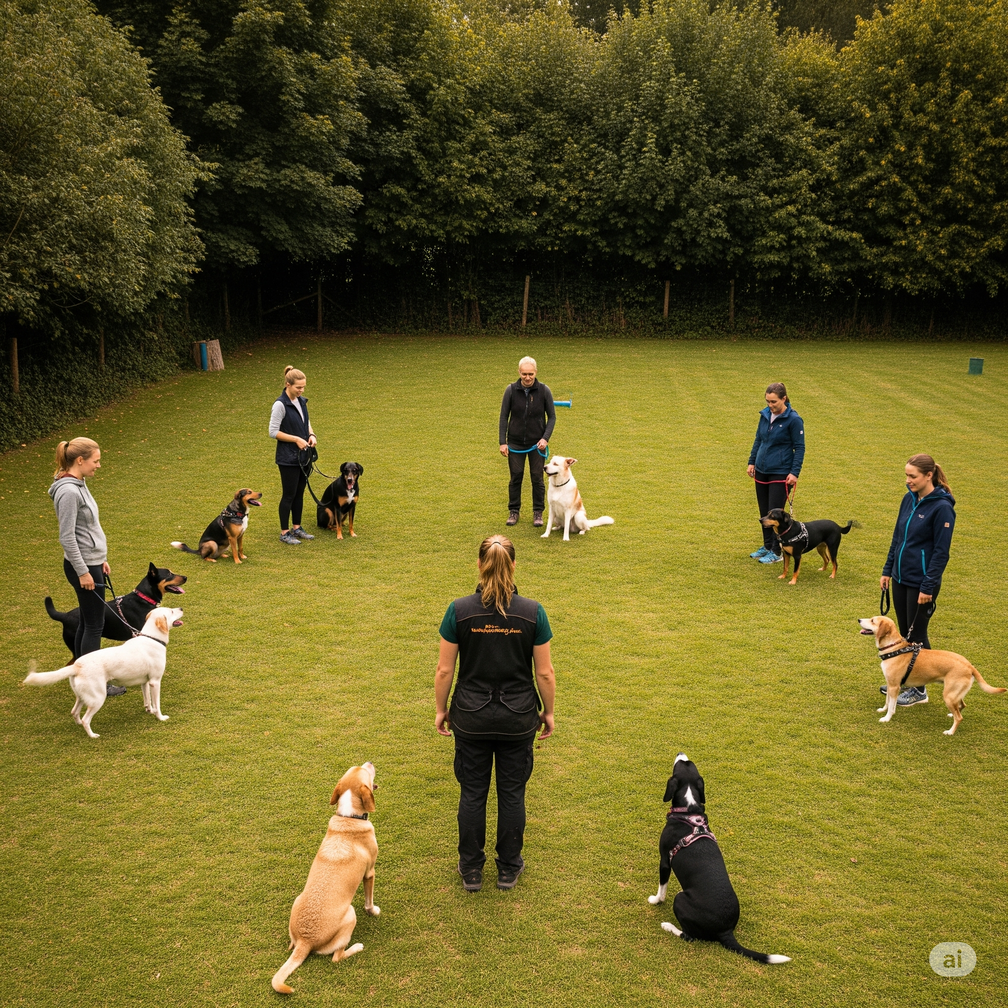Older dogs practicing obedience skills in a group dog training class.