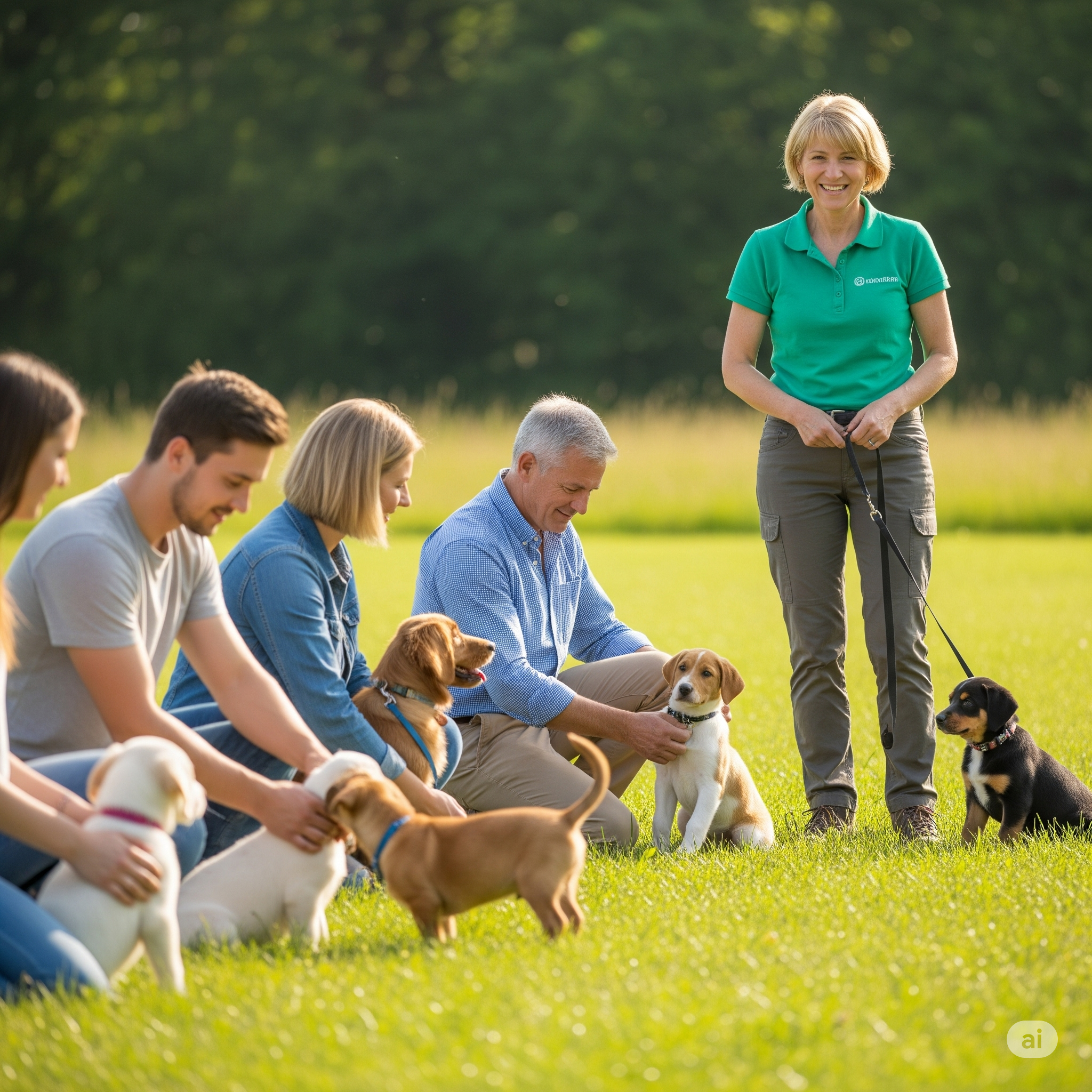 A group of puppies playing and socializing in a puppy training class.