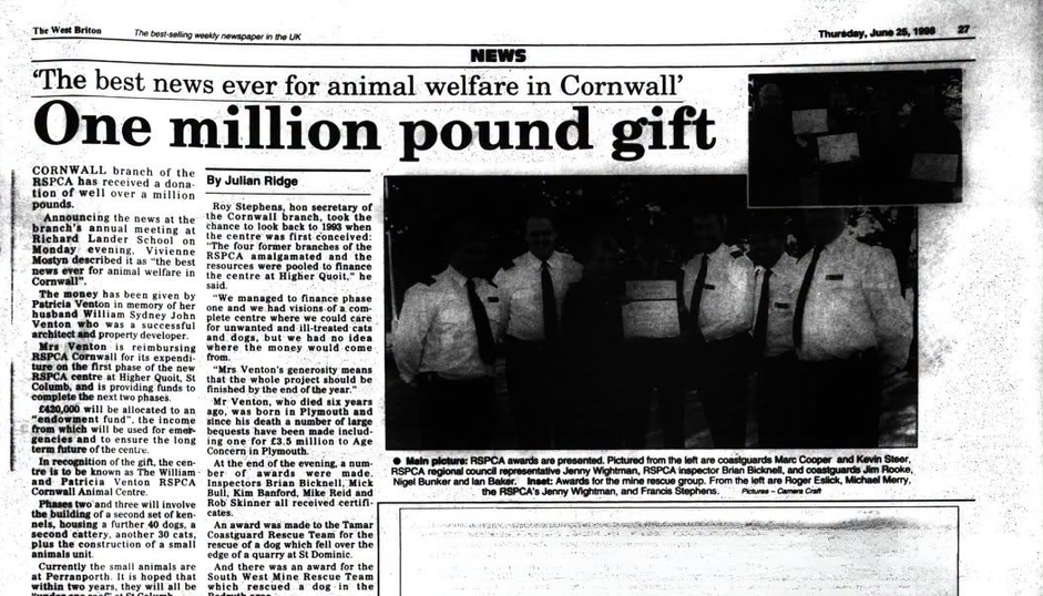West Briton headline from 1995: One million pound gift